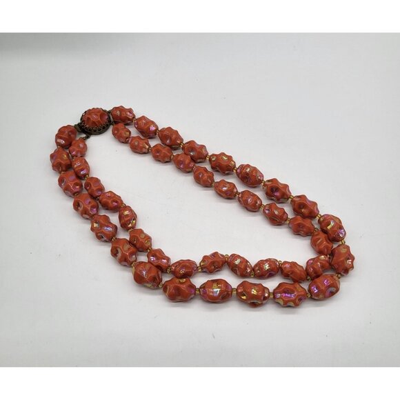 Vintage Austria Iridescent Molded Lumpy Coral Color Bead Necklace - Picture 5 of 12